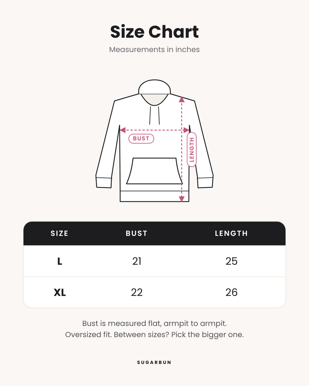 Angel Babe Hoodie size chart: L bust 21 in, length 25 in; XL bust 22 in, length 26 in
