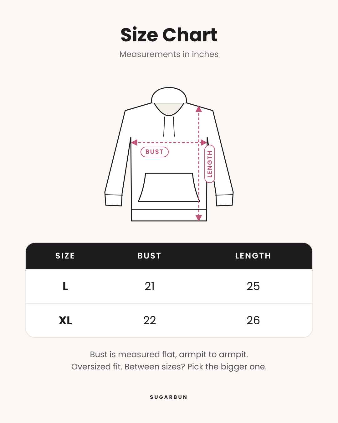 Angel Babe Hoodie size chart: L bust 21 in, length 25 in; XL bust 22 in, length 26 in